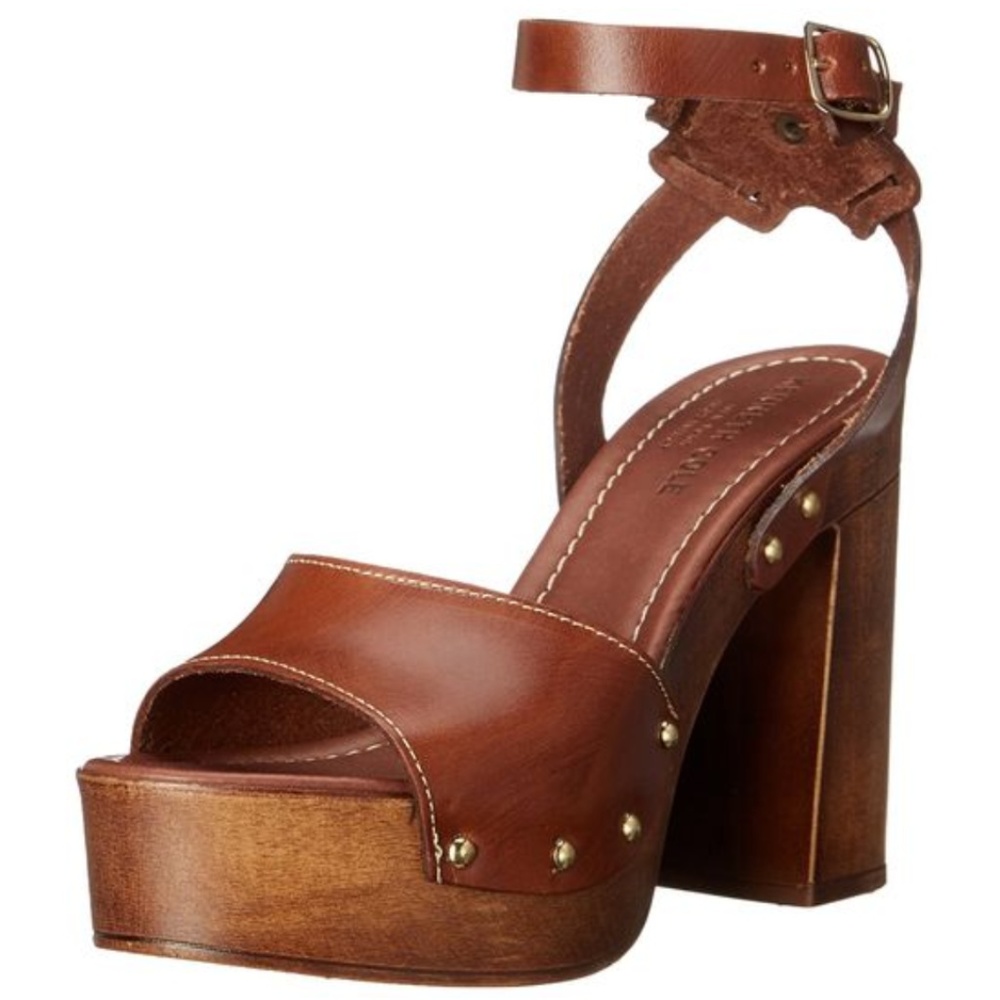 Chunky Block Heel Sandal Wood & Genuine Leather